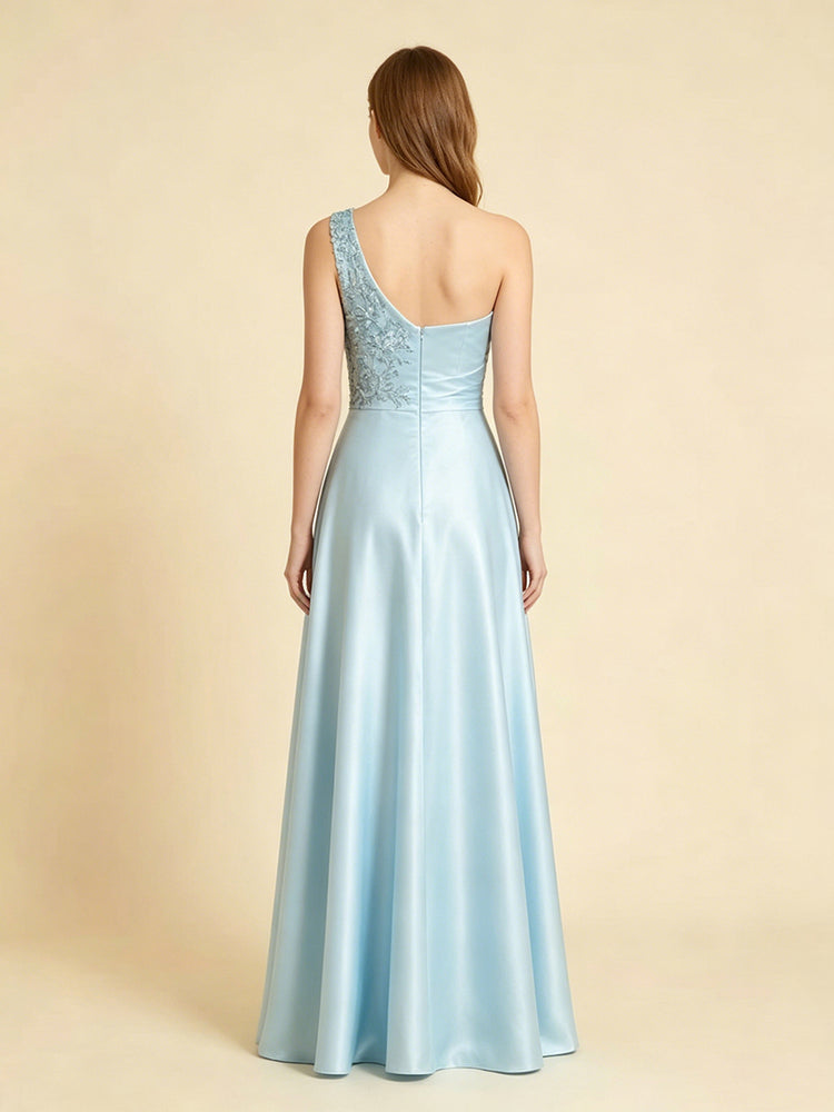Satin A-Line One Shoulder Long Evening Dresses with Applique