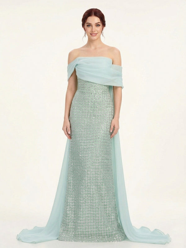 Chiffon Mermaid Off the Shoulder Long Evening Dresses with Beadings