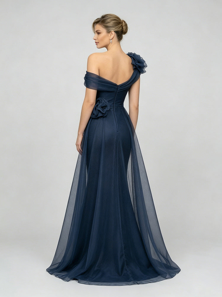 Satin Mermaid Elegant Trailing One Shoulder Satin Mermaid Evening with 3D Flowers