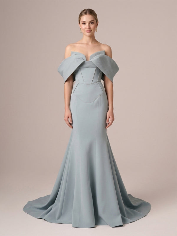 Crepe Mermaid Off the Shoulder Long Evening Dresses with Pleats