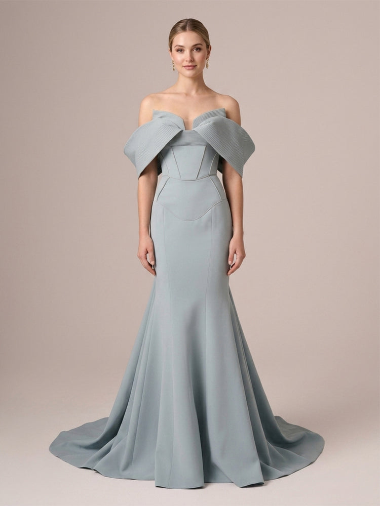 Crepe Mermaid Off the Shoulder Long Evening Dresses with Pleats