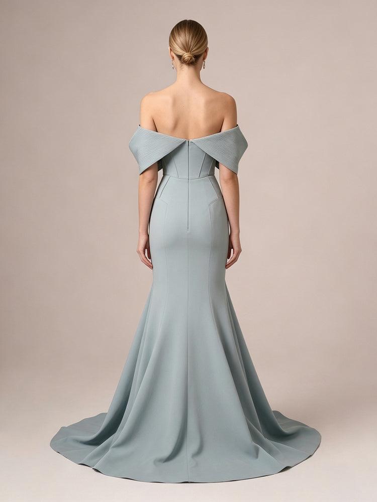 Crepe Mermaid Off the Shoulder Long Evening Dresses with Pleats