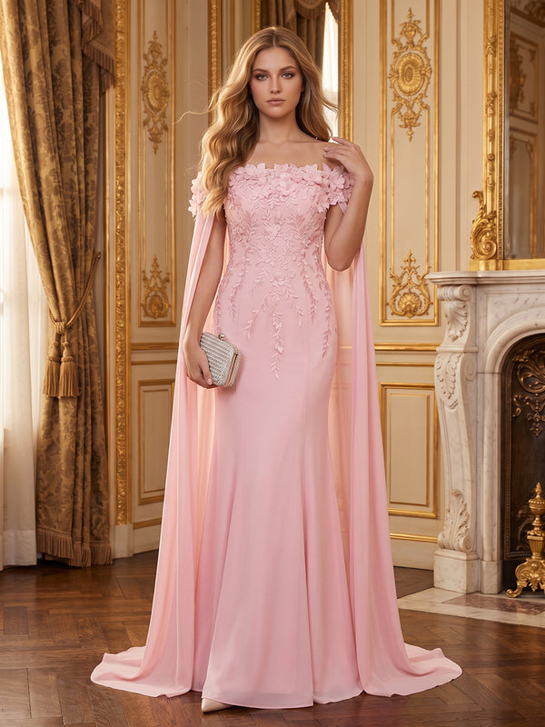 Elegant 3D Flowers Chiffon Mermaid Off the Shoulder Long Flowy Evening Dresses with Cape Sleeve