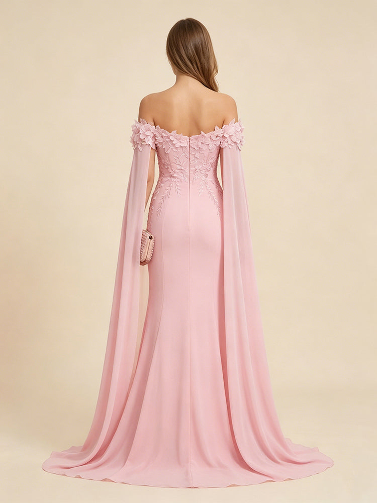 Elegant 3D Flowers Chiffon Mermaid Off the Shoulder Long Flowy Evening Dresses with Cape Sleeve