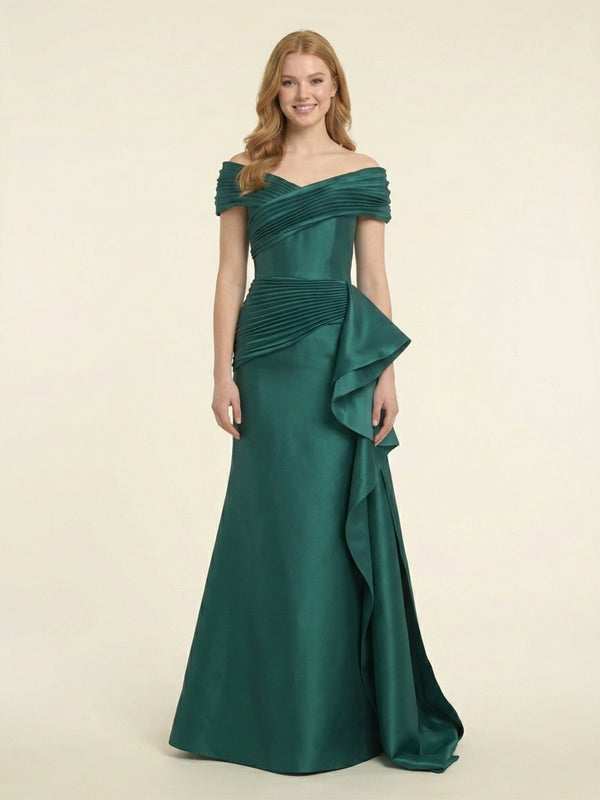 Satin Mermaid Off the Shoulder Long Evening Dresses with Ruffles