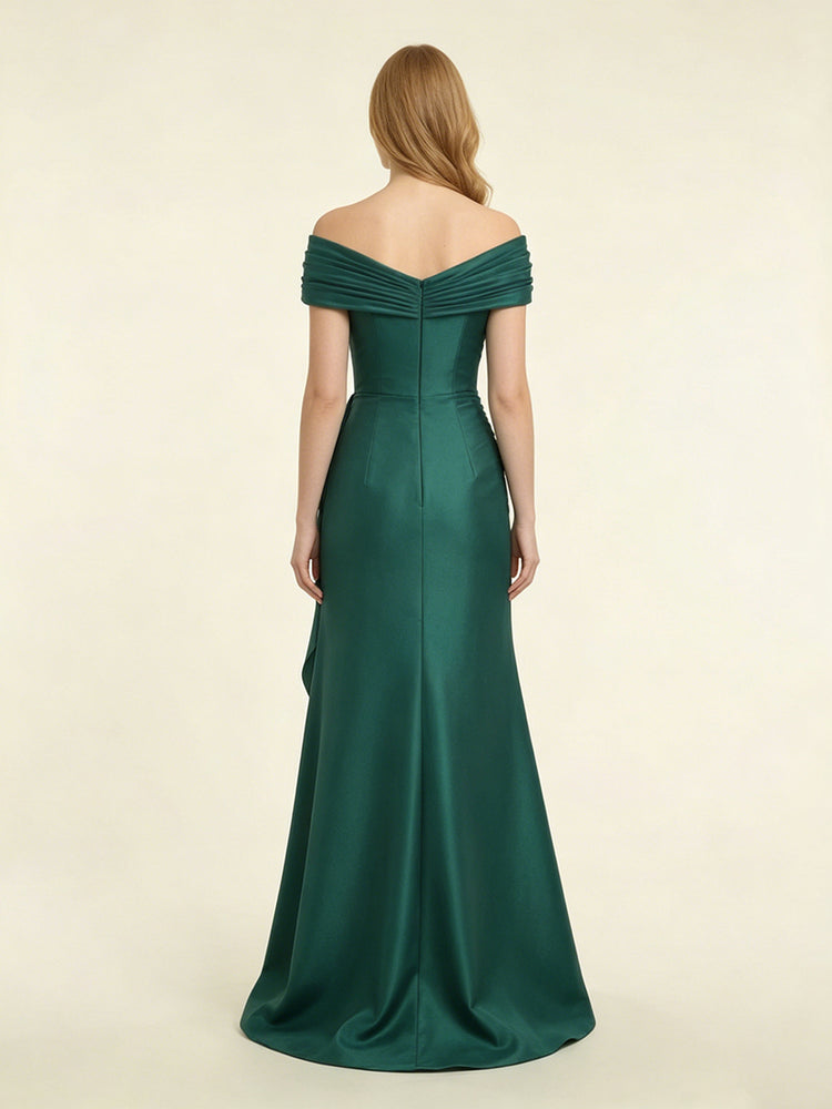Satin Mermaid Off the Shoulder Long Evening Dresses with Ruffles
