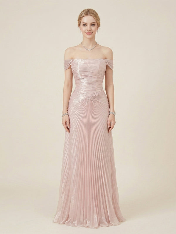 Metallic Satin A-Line Off the Shoulder Long Evening Dresses with Pleats