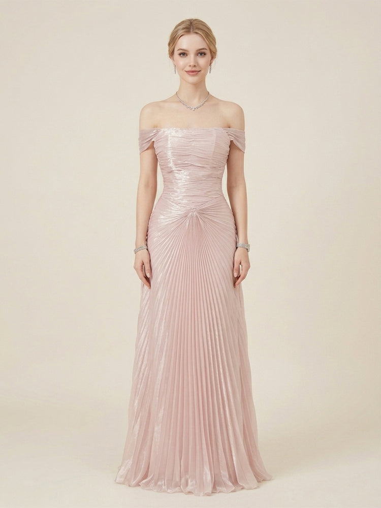 Metallic Satin A-Line Off the Shoulder Long Evening Dresses with Pleats