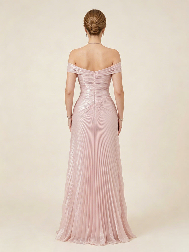 Metallic Satin A-Line Off the Shoulder Long Evening Dresses with Pleats