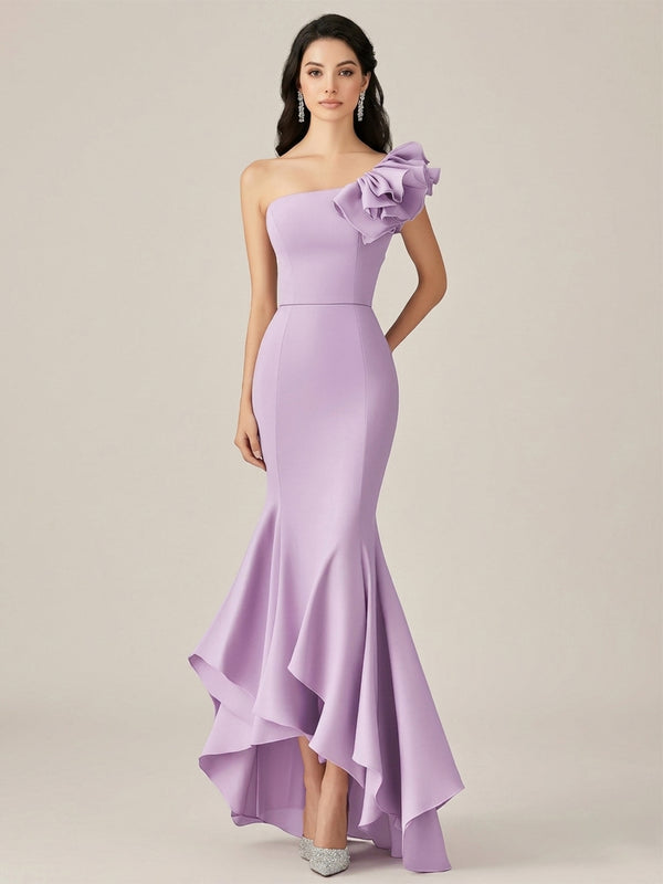Satin Chiffon Mermaid One Shoulder Long Evening Dresses with Ruffles