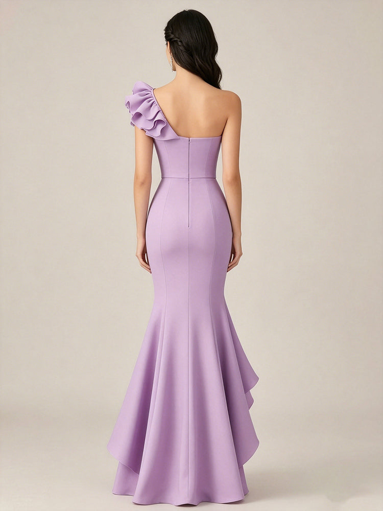 Satin Chiffon Mermaid One Shoulder Long Evening Dresses with Ruffles
