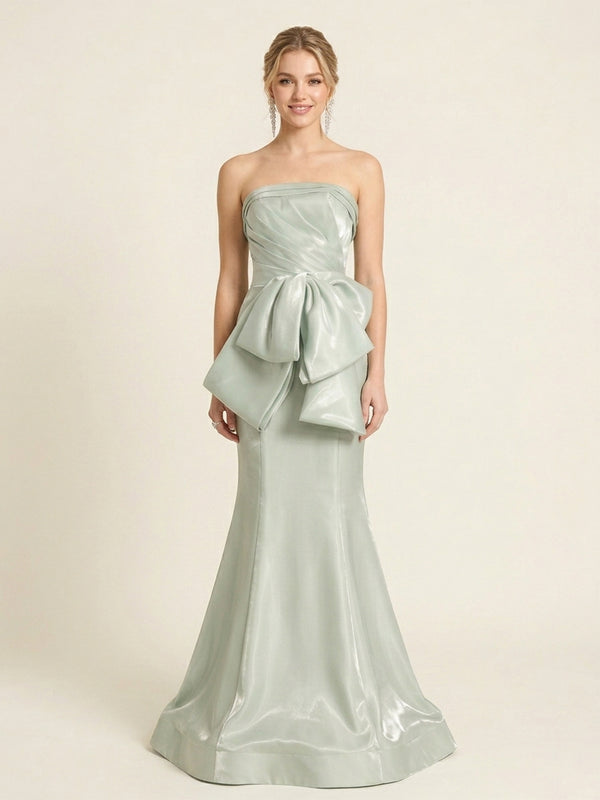 Satin Mermaid Strapless Long Evening Dresses with Bow