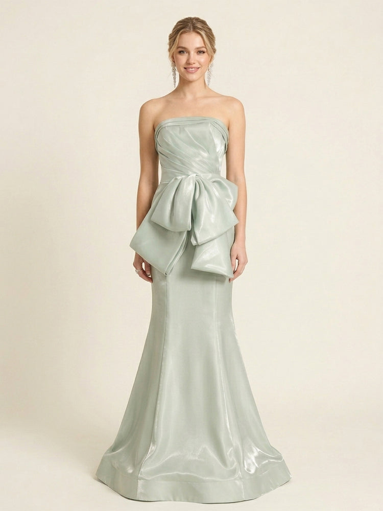 Satin Mermaid Strapless Long Evening Dresses with Bow