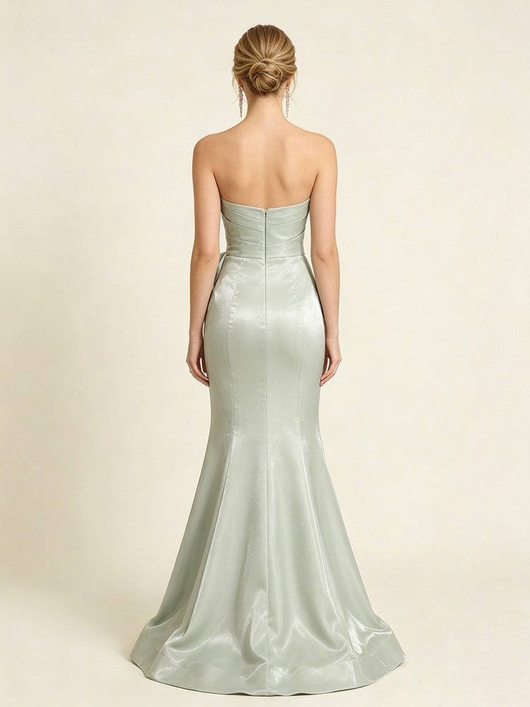 Satin Mermaid Strapless Long Evening Dresses with Bow