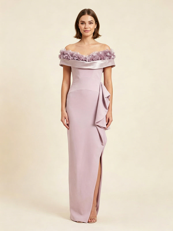 Crepe Sheath Off the Shoulder Long Evening Dresses with Slit