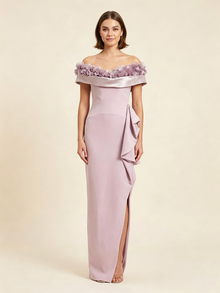 Crepe Sheath Off the Shoulder Long Evening Dresses with Slit
