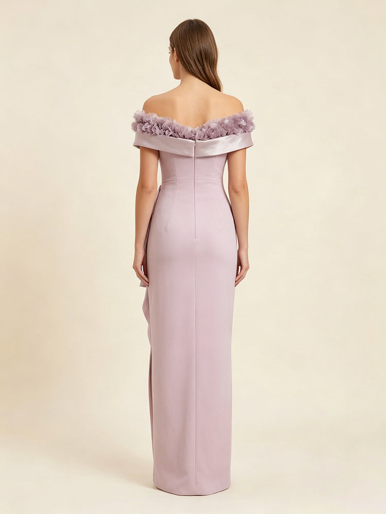 Crepe Sheath Off the Shoulder Long Evening Dresses with Slit