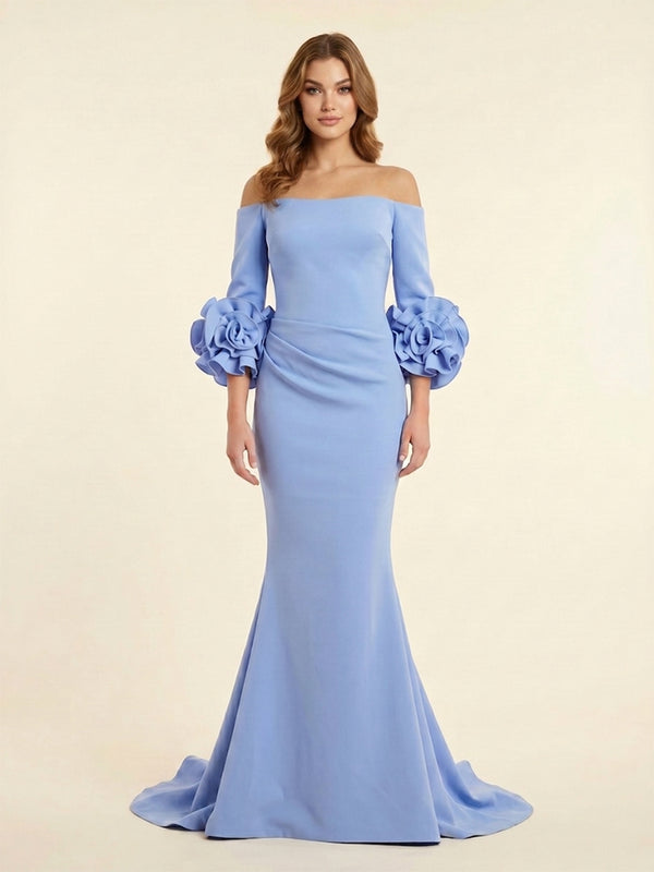 Crepe Mermaid Off the Shoulder Long Evening Dresses with 3D Flowers