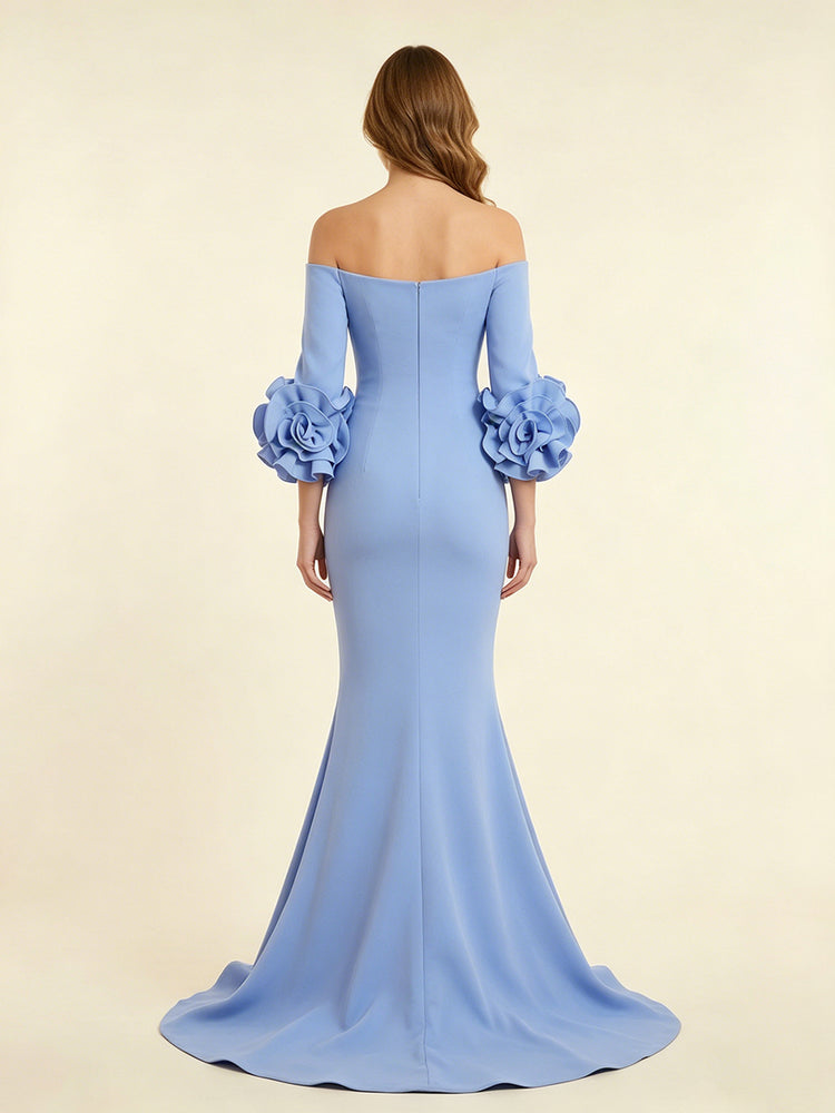Crepe Mermaid Off the Shoulder Long Evening Dresses with 3D Flowers