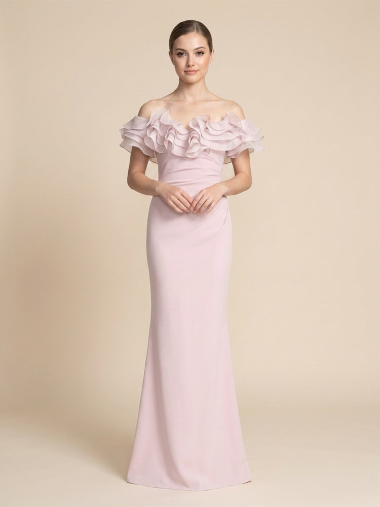 Chiffon Mermaid Off the Shoulder Long Evening Dresses with Ruffles