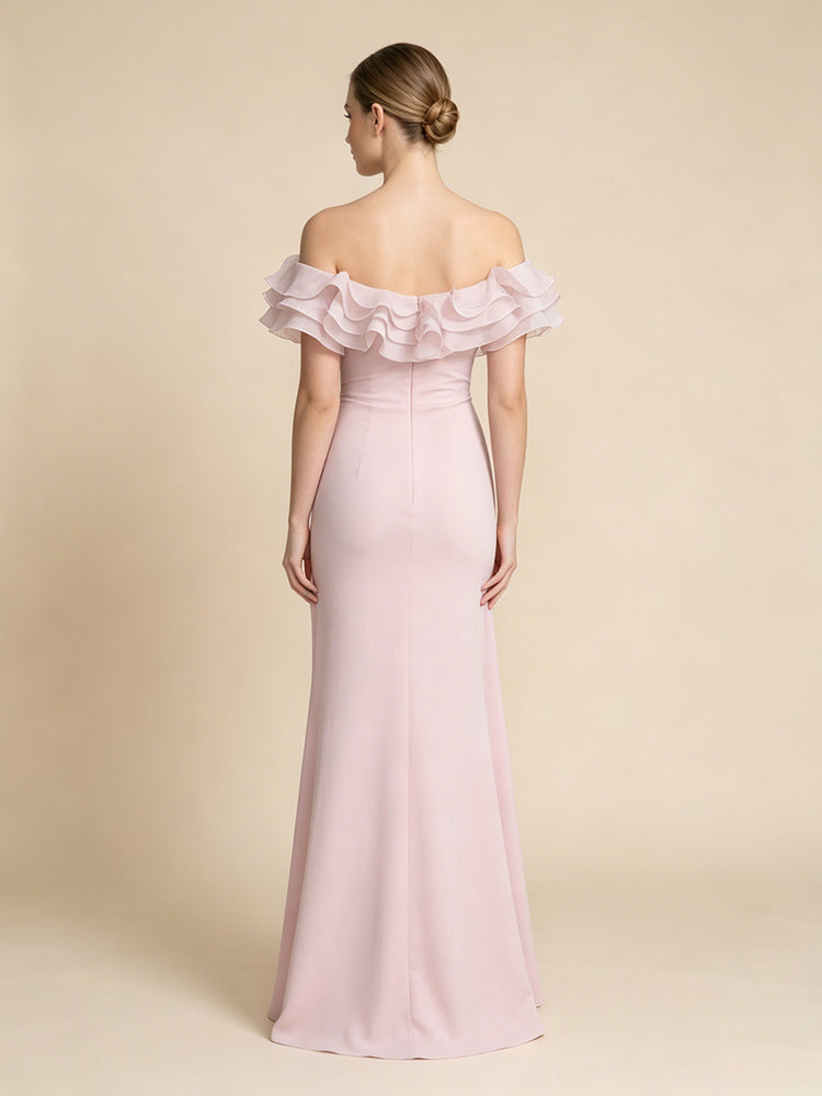Chiffon Mermaid Off the Shoulder Long Evening Dresses with Ruffles