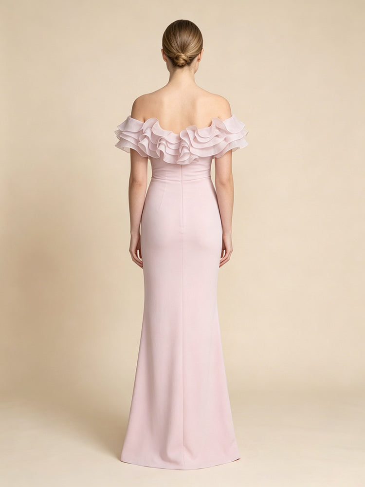 Chiffon Mermaid Off the Shoulder Long Evening Dresses with Ruffles