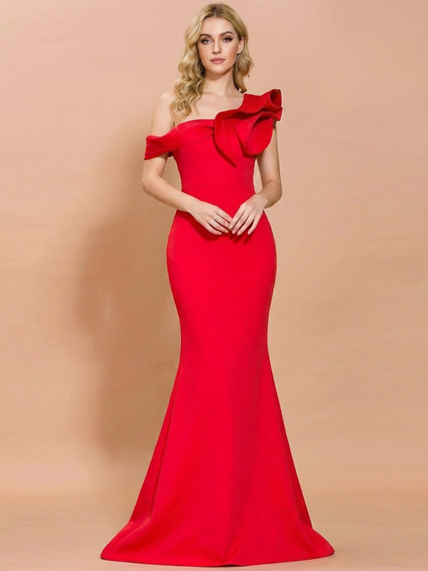 Satin Mermaid Asymmetric Neck Long Evening Dresses with Ruffles