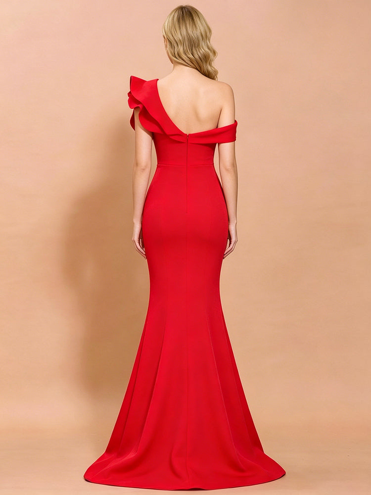 Satin Mermaid Asymmetric Neck Long Evening Dresses with Ruffles