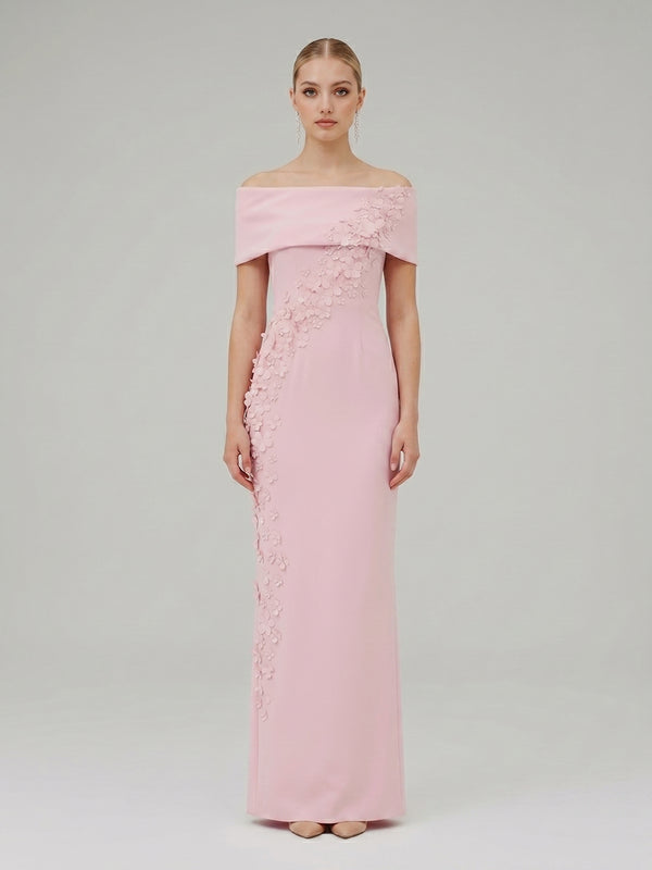 Satin Sheath Off the Shoulder Long Evening Dresses with 3D Flowers