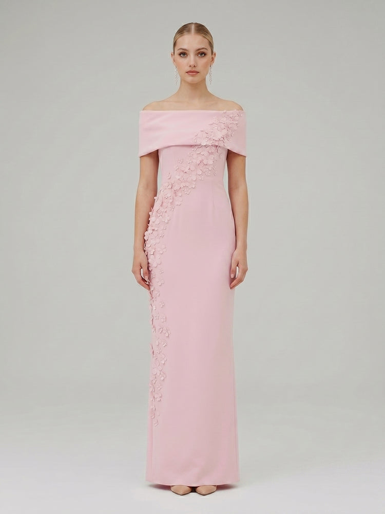 Satin Sheath Off the Shoulder Long Evening Dresses with 3D Flowers