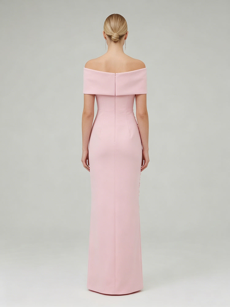 Satin Sheath Off the Shoulder Long Evening Dresses with 3D Flowers