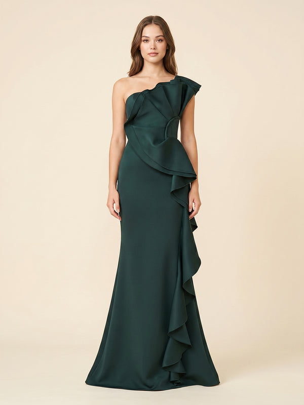 Satin Mermaid One Shoulder Long Evening Dresses with Ruffles