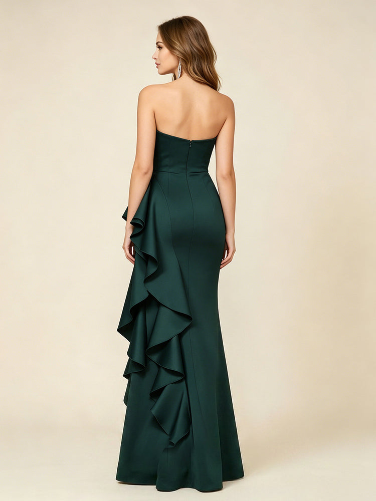 Satin Mermaid One Shoulder Long Evening Dresses with Ruffles