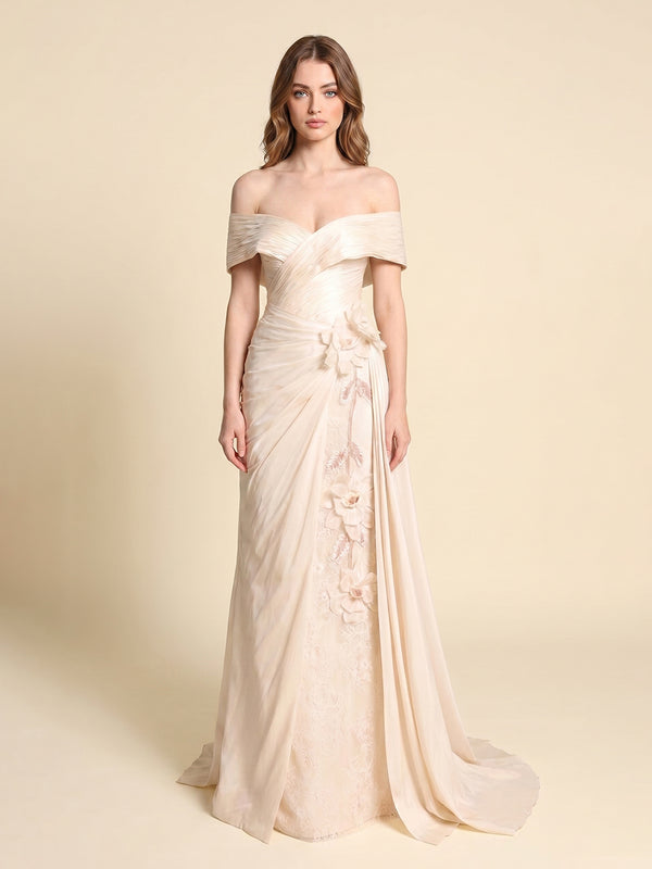 Chiffon Mermaid Off the Shoulder Long Evening Dresses with 3D Flowers