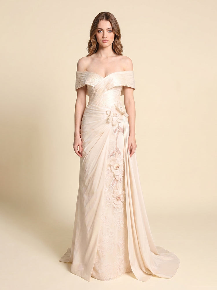 Chiffon Mermaid Off the Shoulder Long Evening Dresses with 3D Flowers