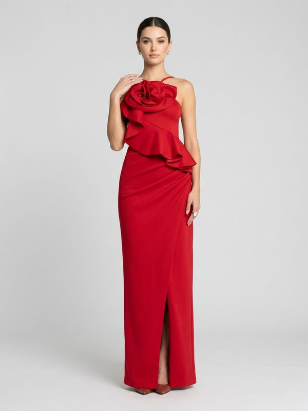 Satin Sheath One Shoulder Long Evening Dresses with 3D Flowers