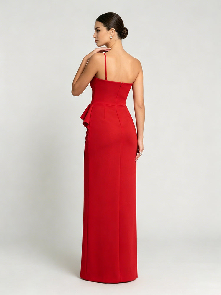 Satin Sheath One Shoulder Long Evening Dresses with 3D Flowers