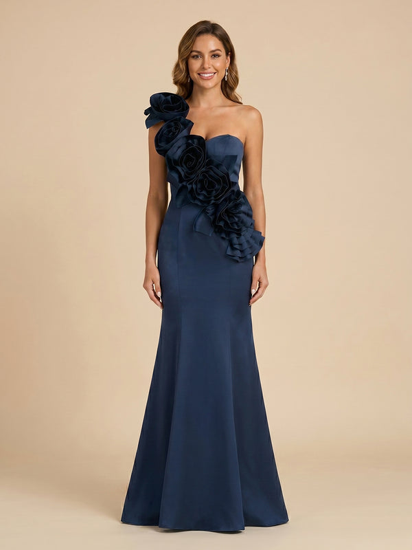 Satin Mermaid One Shoulder Long Evening Dresses with 3D Flowers
