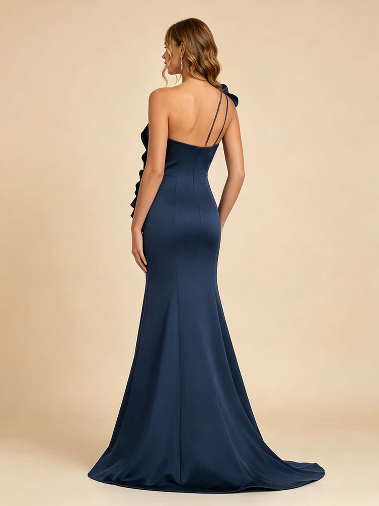Satin Mermaid One Shoulder Long Evening Dresses with 3D Flowers