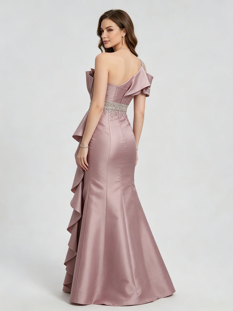 Satin Mermaid One Shoulder Sparkly Beaded Belt Gala Long Evening Dresses with Rhinestone
