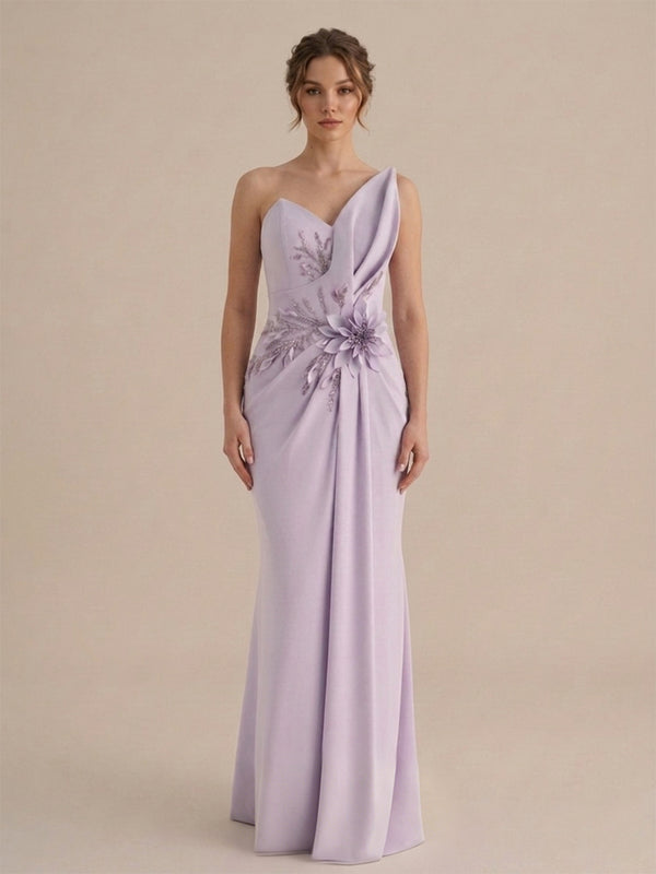 Satin Mermaid One Shoulder Long Evening Dresses with 3D Flowers