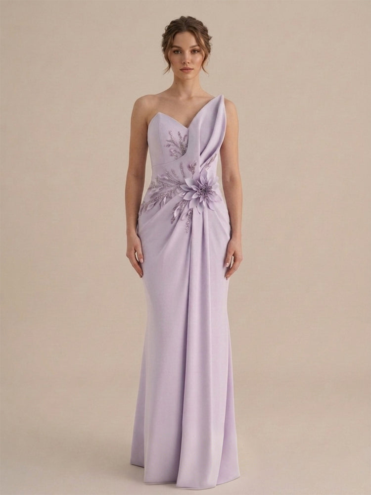 Satin Mermaid One Shoulder Long Evening Dresses with 3D Flowers