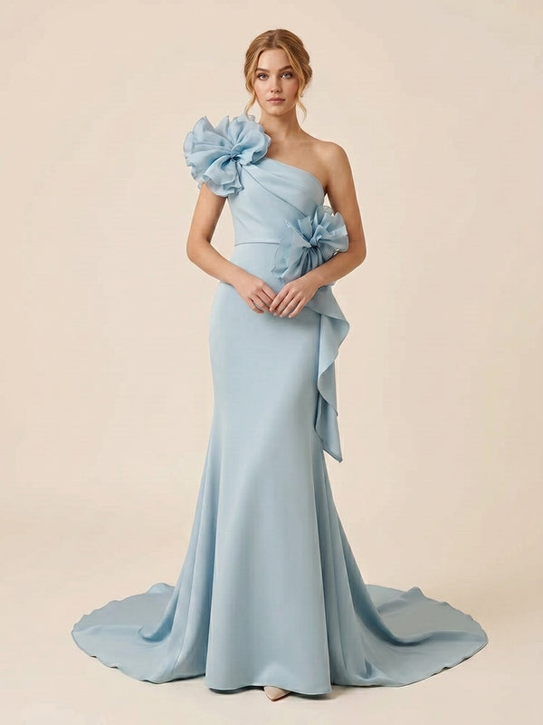Satin Mermaid One Shoulder Long Evening Dresses with 3D Flowers