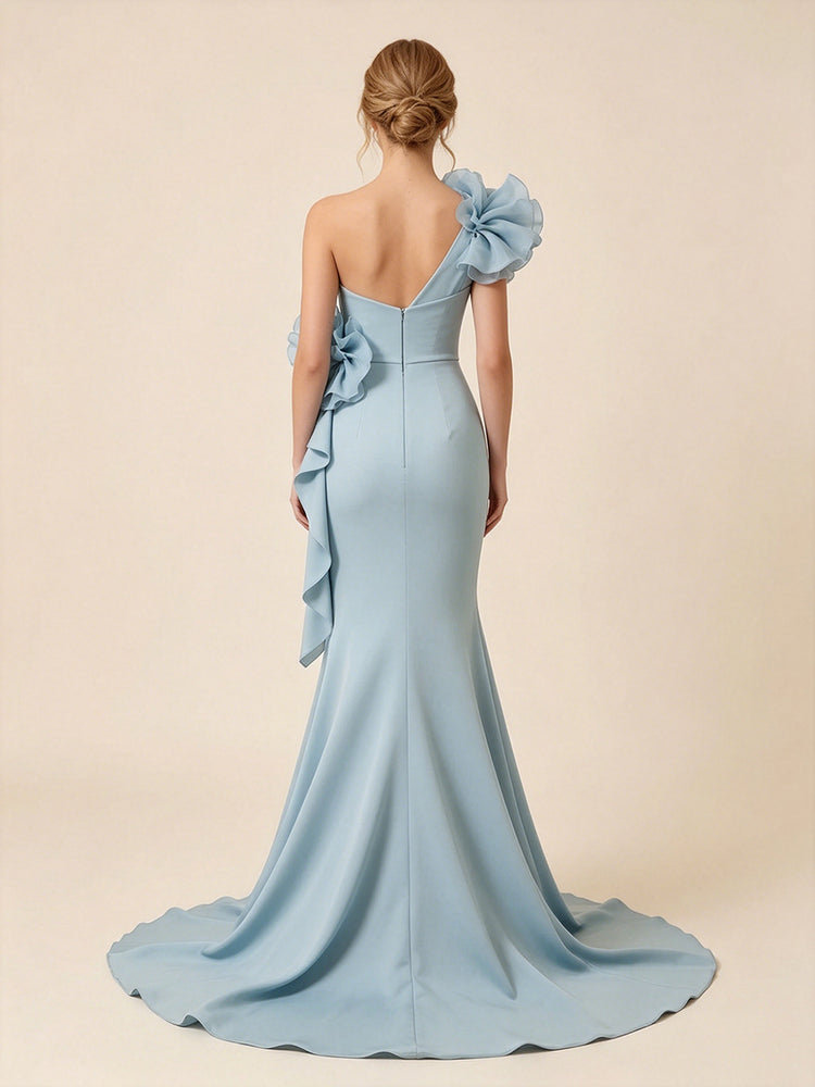 Satin Mermaid One Shoulder Long Evening Dresses with 3D Flowers