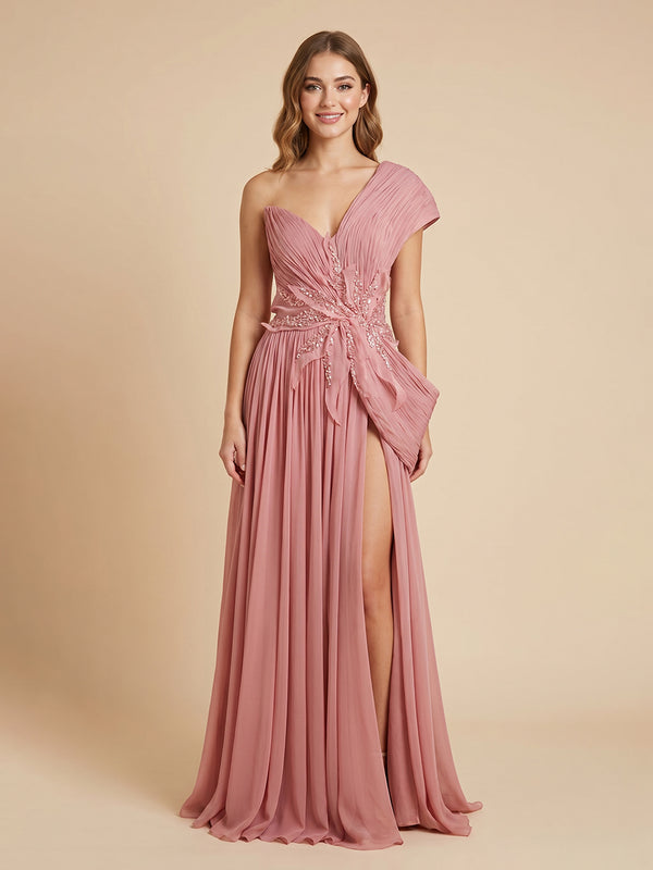 Chiffon A-Line One Shoulder Long Evening Dresses with Beadings