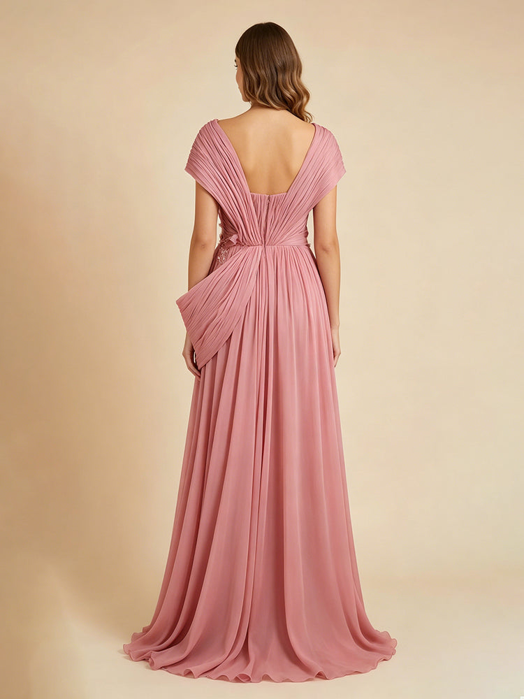 Chiffon A-Line One Shoulder Long Evening Dresses with Beadings
