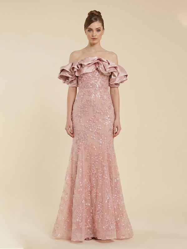 Sequin Embroidery Mermaid Off the Shoulder Long Evening Dresses with Ruffles