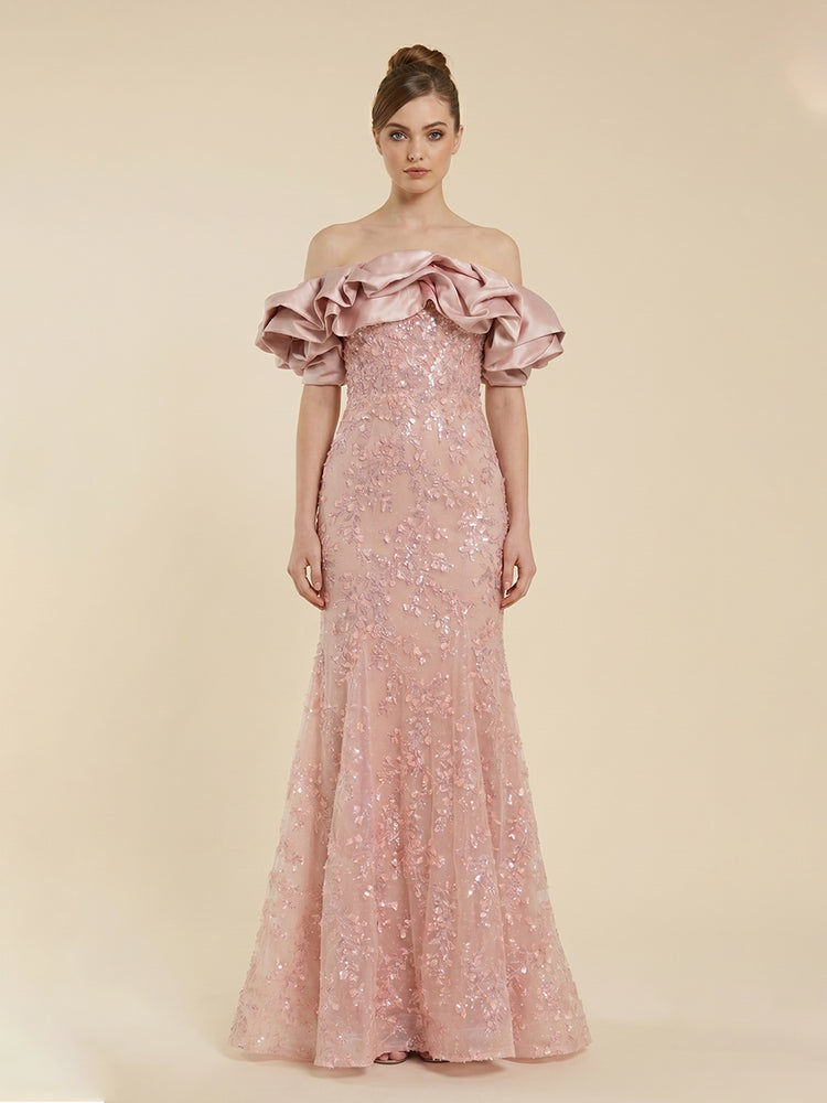 Sequin Embroidery Mermaid Off the Shoulder Long Evening Dresses with Ruffles