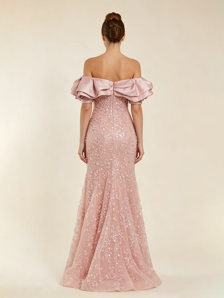 Sequin Embroidery Mermaid Off the Shoulder Long Evening Dresses with Ruffles