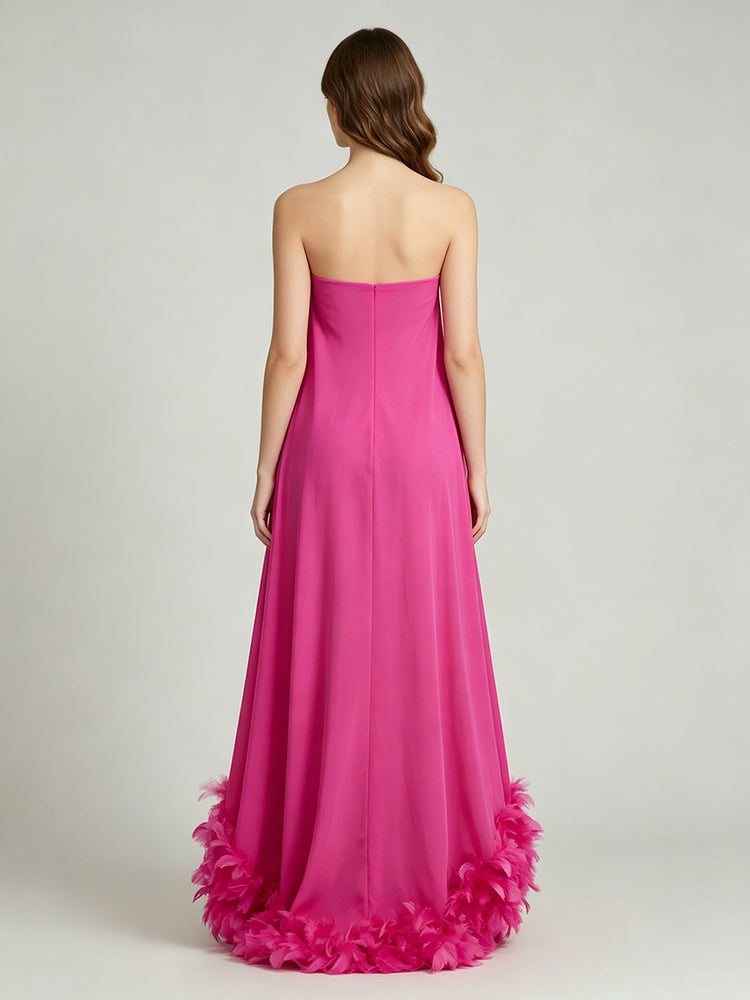 Satin A-Line Strapless Long Evening Dresses with Feather